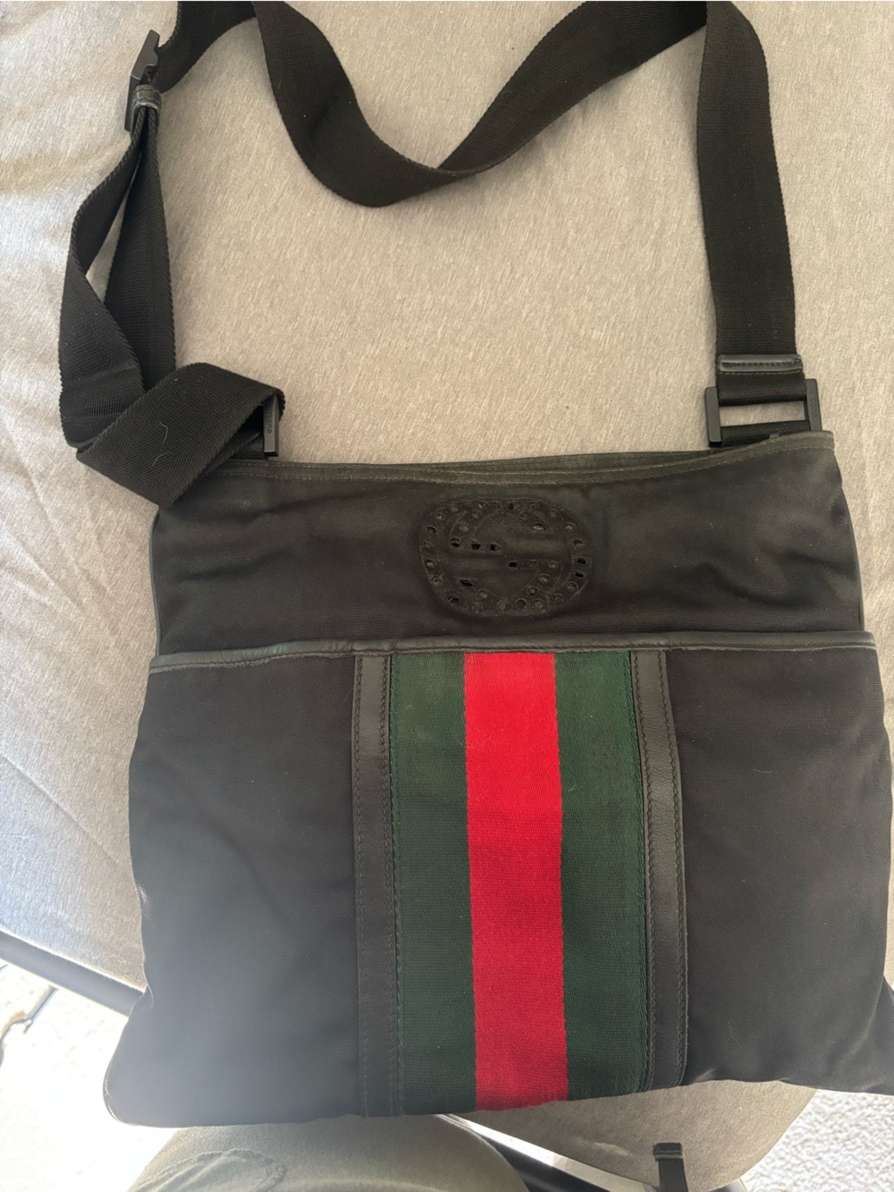Gucci Black Crossbody Bag with Red & Green Stripe